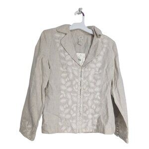 J.Jill Women 100% Linen Blazer Jacket Lined Embroidered Button Front Size 8 -NEW